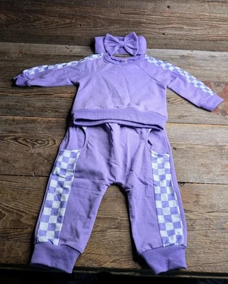 Nuevo conjunto completo a cuadros púrpura bebé niña 6-12 meses con diadema Foto 1 de 4