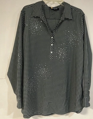 Christine Alexander Long Sleeve ButtonUp Gray/White Plaid, Embellish Popover 2XL - Image 1 of 4