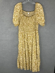 Old Navy Womens Cottagecore Yellow Floral Midi Dress Size L Smocked Peasant - Picture 1 of 13