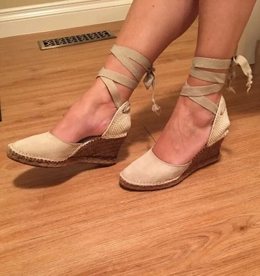 BNWB Brooks Brothers Lace Up Wedge Sandal Heels - In Bone, Leather/Suede Sz 8 - Image 1 of 4