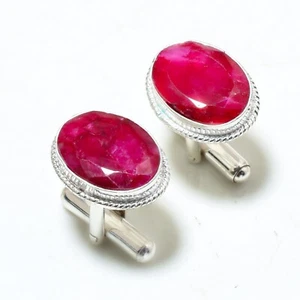 Kashmiri Ruby Lab-Created Gemstone 925 Sterling Silver Handmade Cufflinks Stnd. - Picture 1 of 4