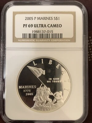 2005 P Marine Corps Silver Proof Dollar NGC PF69 Ultra Cameo - Image 1 of 4