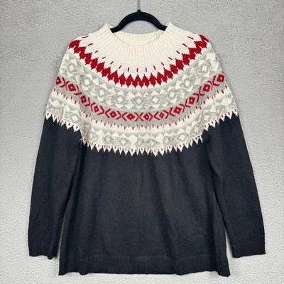 J Jill Sweater Womens XL Black Red Knit Pullover Fair isle Holiday Warm Cozy  - Image 1 of 4