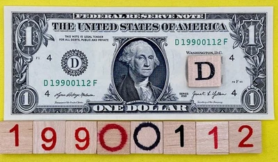 UNC 1990 January 12 Birthday Date Note Fancy Serial Number $1 Dollar Bill 0s 1s - Image 1 of 4