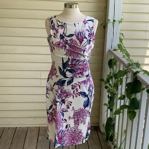Vestido Vaina Ivanka Trump 8 Crepe Tejido Buceo Blanco Púrpura Hortensia Sin Mangas - Imagen 1 de 8