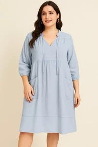 Shein Womens Blue Cotton Dress Plus Size L 3/4 Sleeve Pockets V Neck Tie Boho - Picture 1 of 15