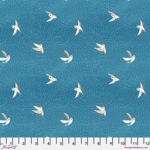 Free Spirit Woodland Holiday Flying Snowy Owls on Blue Fabric  1 yard - Picture 1 of 1