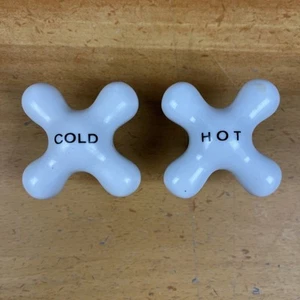 Vintage Porcelain Hot - Cold Cross Sink Knobs Faucet Handles With Brass Bases - Picture 1 of 13