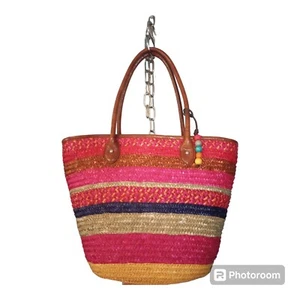 Style & Co large multi colored wicker tote with bead accent & zipper closure - Picture 1 of 10