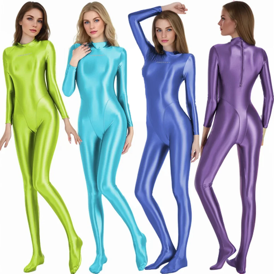 AMORESY Oil Glitzer Einteilig Overalls Fitness Leotards Stretch Zentai Bodysuits - Bild 1 von 4