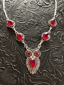 Artisan Southwest Red Crystal Wise Owl Motif Necklace 19" Ornate Bezel - Picture 1 of 5