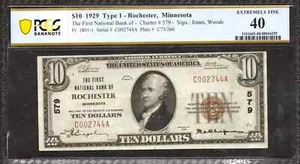 1929 $10 FIRST NATIONAL BANKNOTE CURRENCY ROCHESTER MINNESOTA PCGS 40 EF (744A) - Picture 1 of 2