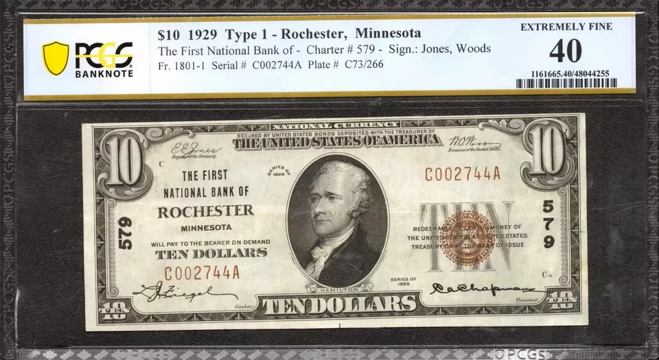 1929 $10 FIRST NATIONAL BANKNOTE CURRENCY ROCHESTER MINNESOTA PCGS 40 EF (744A) - Image 1 of 2