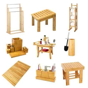 Bamboo Bathroom Organizer Towel Rail Tissue Roll Holder & Storage Shelf Rack - Picture 1 of 51