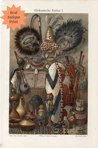 African Culture Artifacts Antique Print Meyers Lexikon and Glassine Insert - Picture 1 of 6