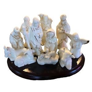 Vintage 11 Piece Nativity Scene Porcelain Figurine Gold Trim Wood Base Christmas