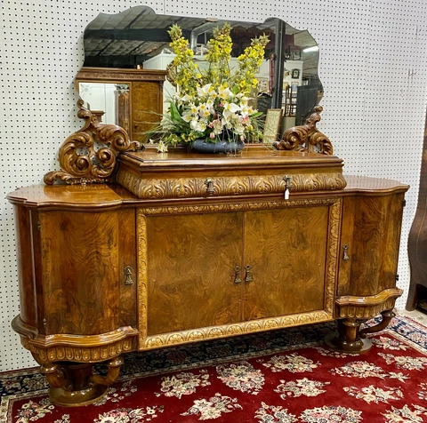 Antique French Burl Walnut Serpentine Mirror Buffet Sideboard Circa 1890 Cover