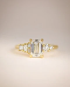 Emerald Cut Cluster Engagement Ring G/VS1 Lab Grown Diamond Ring 14k Yellow Gold - Picture 1 of 9