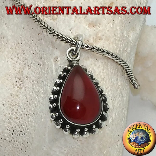 Ciondolo in Argento 925‰ con corniola cabochon a goccia contornata da palline - Immagine 1 di 1