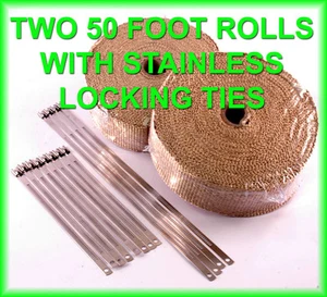 TAN EXHAUST PIPE HEADER THERMAL WRAP STAINLESS LOCK TIES 1/16"X2"X 50 FT 2 ROLLS - Picture 1 of 1