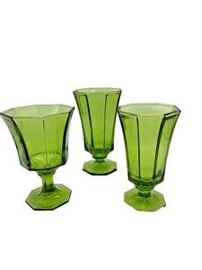 3 Independence Glass Octagonal Avocado Green Wine & Water Goblets Tumblers - Picture 1 of 5