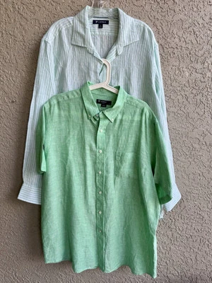 Cremieux Mens XL Green White Striped Linen Long Shorts Sleeve Lot Of 2 #483 - Image 1 of 4