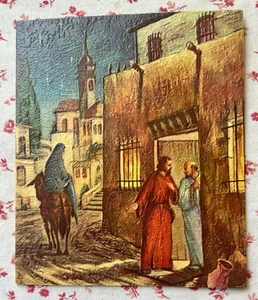 Tarjeta de felicitación vintage MCM texturizada Navidad María y José sin habitación en la posada - Imagen 1 de 5