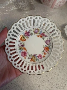 Porcelain Plate Trinket Dish 5.5" Floral Reticulated Gold Germany Saucer Vintage - Picture 1 of 2