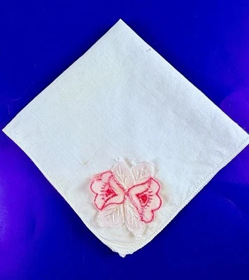 Винтажный вышитый носовой платок белый хлопок розовый цветочный носовой платок бабушка кружева - Изображение 1 из 4