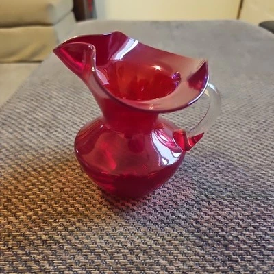 Vtg Ruby Red Depression Glass Small Pitcher Crackle Glass Art Glass 5x5" - Image 1 of 4