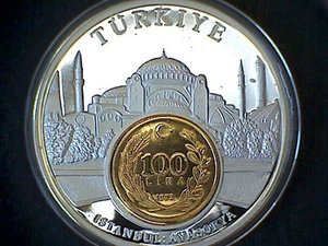 TURKEY COMMEMORATIVE MEDALION EUROPEAN CURRENCIES SERIES, COIN INLAY (M.*b) - Imagen 1 de 3