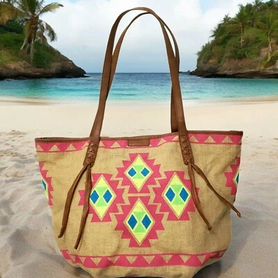Bolso de Playa Billabong Boho Cartera Suroeste Forrado con Arpillera Azteca Hobo Rosa Tostado Foto 1 de 4