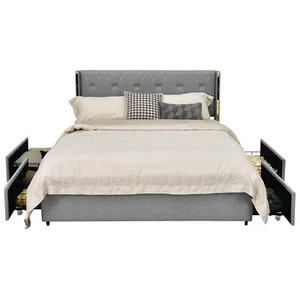 Full Upholstered Bed Frame Platform w/ High Headboard & 4 Rolling Drawers Silver - Picture 1 of 8