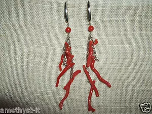 ORECCHINI PENDENTI CORALLO ROSSO RAMI GRAPPOLO ARGENTO 925 SILVER STERLING - Foto 1 di 1