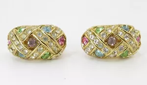Vintage Joan Rivers Earrings Gold and Pastel Rhinestones Clip-on Style - Picture 1 of 5