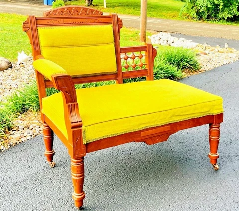 Antique EASTLAKE Victorian Carved Walnut Gossip Bench Bustle Parlor Chair Settee Cover