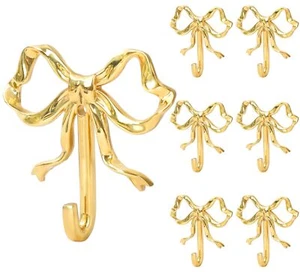 6Pcs Gold Bow Knot Hooks Brass Bow Wall Hooks Decorative Hanging Hooks for Ba... - Picture 1 of 6