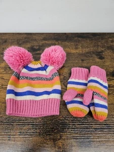 Gap Factory Knit Double Pom Beanie Hat And Mittens Set Girls Size S/M 2-3 Years - Picture 1 of 6