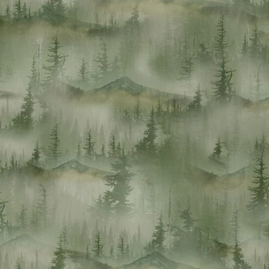 Hoffman Call of the Wild Digital V5276 8 Green Trees in Mist     Cotton - Image 1 of 1