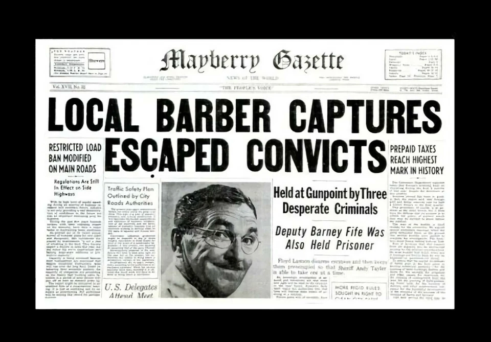 BARBER CAPTURES ESCAPE CONVICTS The Andy Griffith Show STICKER Floyd Barney Fife