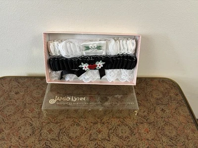 Vintage NEW 80s  Satin Bridal Thigh Garter Belts White and Black with embroidery - Image 1 of 4