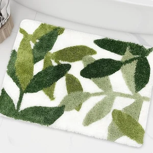 Bathroom Rugs - Green Bath Rug Non Slip Back Water Aabsorbent Leaves Plush Mi... - Picture 1 of 8