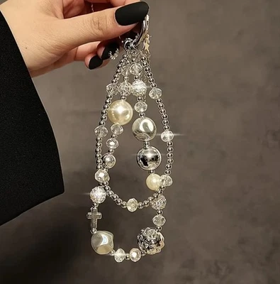 Elegant Sparkle Two-Strand Beaded Crystal & Pearl Charm Strap Wrislet White Gray - Image 1 of 4