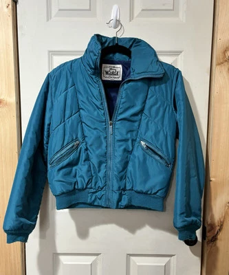 复古 Woolrich 女式夹克 M 码蓝绿色尼龙混纺全拉链冬季滑雪外套 — 第 1/3 张图片