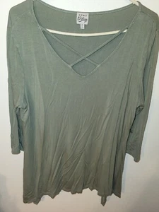 Como Vintage Womens Size XL Blouse Fly Corners Hem Green 3/4 Sleeve Jersey Stret - Picture 1 of 24