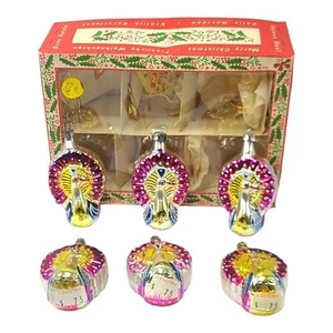 Vtg Mercury Glass Christmas Peacock Ornaments In Box Unused Pink Gold Italy Nos - Picture 1 of 19
