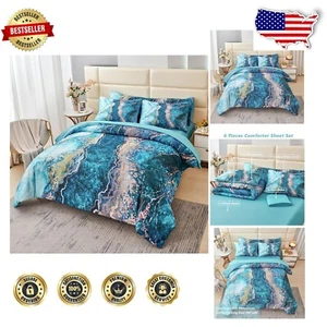 6-Piece Teal Watercolor Marble Bedding Set for California King - Retro Elegance - Picture 1 of 9