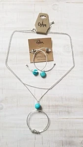 Silvertone Wire-Wrapped Square Turquoise Bead Pendant Western Necklace Hoops Set - Picture 1 of 3