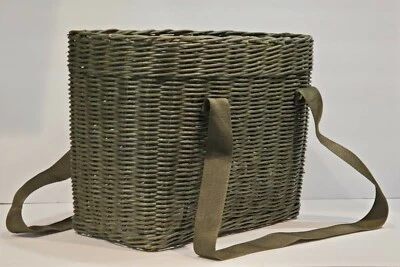 Large Woven Rattan Rustic Tote Basket /Workmans Utility Basket w/ Canvas Straps  - Image 1 of 4