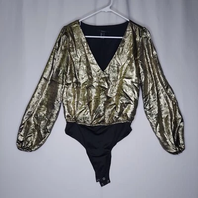 Forever 21 Body Metálico Dorado Mujer Pequeño Cuello en V Abullonado Manga Larga Fiesta  Foto 1 de 4